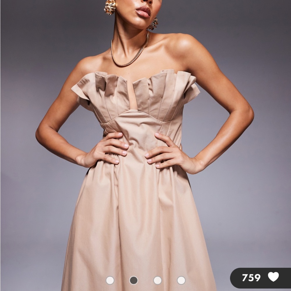 ASOS Design structured frill bust midi dress in stone - Picture 2 of 15